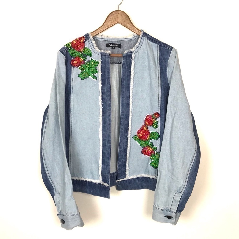 Relativity Beaded Floral Denim Jean Jacket Medium